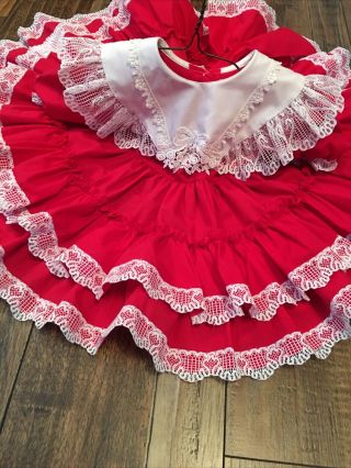 Vintage Lilo California Toddler Girl Red Full Ruffle Dress Floral Lace USA 2T/XL 6