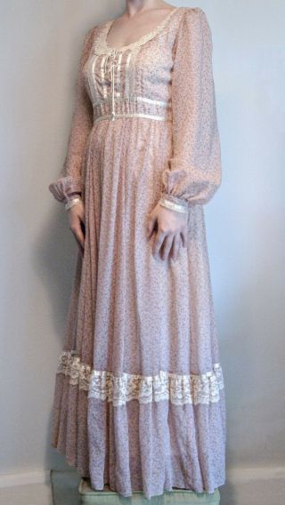 Vintage Gunne Sax Pink Floral Long Sleeve Maxi Dress Corset Battenburg Lace
