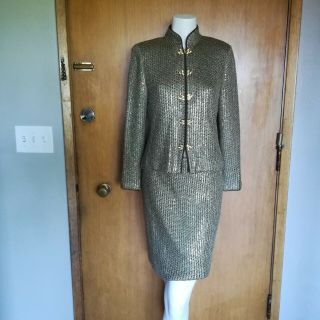 Vintage St.  John Evening Marie Gray Gold Metallic Cardigan Skirt Suit Set Size 4
