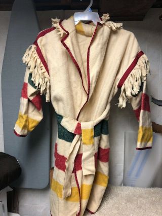 ⭐️vtg 3 Color Striped Hudson Bay Hoodie Wool Poncho Jacket With Fringe Antique⭐️