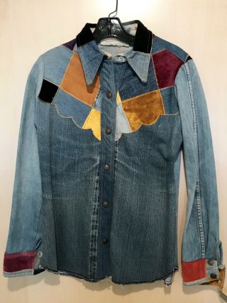1970s Vintage Antonio Guiseppe Redline Denim/velvet Patchworked Shirt Jacket M