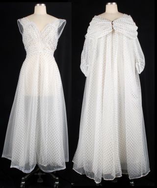 Vtg 50s Schiaparelli White Nylon Gold Dot Full Sweep Peignoir Set Robe Gown Nwt