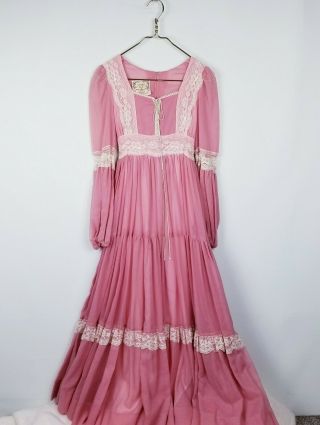 Gunne Sax Vintage Prairie Maxi Dress Xs Xxs Dusty Coral Pink Ruffles & Lace