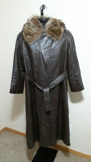 Vtg Bonnie Cashin For Sills Brown Leather Belted Wrap Trench Coat Raccoon Trim L