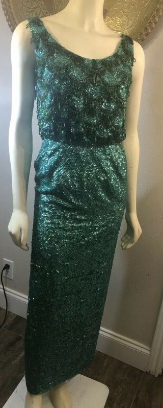 Vtg 60s Emerald Green Sequin Evening Long Gown Dress Supreme Mcm Beaded Small