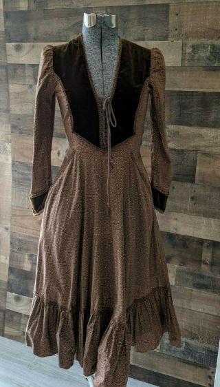 Vtg 70s 80s Gunne Sax Prairie Peasant Floral Tie Boho Velvet Corset Dress Calico