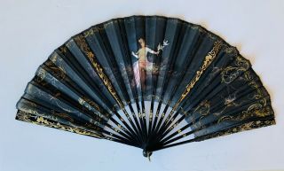 Lovely Antique Victorian French Hand Painted Black Silk Ladies Fan
