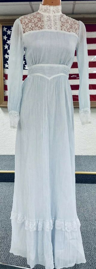 Vtg 70s Gunne Sax Sheer Blue White Lace Maxi Prairie Dress Modest S/m