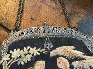 Antique Edwardian French Petit Point Tapestry Purse Bag Sterling Frame W Cherubs