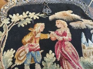 Antique Edwardian French petit point tapestry purse bag sterling frame w cherubs 2
