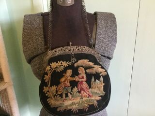 Antique Edwardian French petit point tapestry purse bag sterling frame w cherubs 3