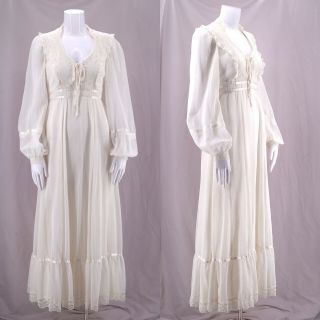 Vintage 70s Gunne Sax White Cotton Prairie Peasant Lace Up Dress Gown 1970s Sz 9
