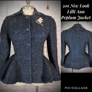 Vtg 50s Look Lilli Ann Hourglass Peplum Wool Boucle Suit Jacket,  36”b /29”w