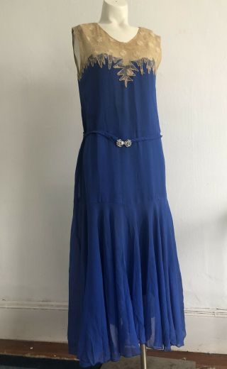 Antique 1920s Cobalt Blue Silk Chiffon Dress Daisy Embroidered Net Lace Flapper