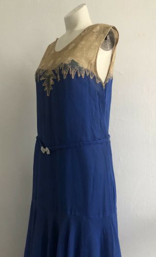Antique 1920s Cobalt Blue Silk Chiffon Dress Daisy Embroidered Net Lace Flapper 3