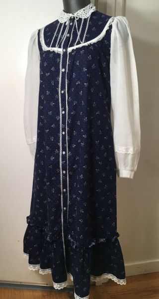 Vtg GUNNE SAX Dress Calico Flower Blue 70s Midi Trapeze & Belted Style No Size 2