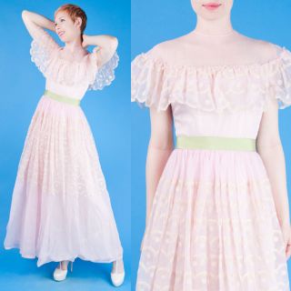 Baby Pink Vtg 50s Maxi Prom/party Dress Tulle Xs/s