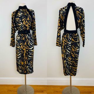 Vintage 1980s Tiger Stripe Animal Print Leopard Midi Dress Cut Out Open Back
