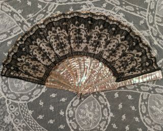19th C French Chantilly Lace Fan W Polished Shell Sticks
