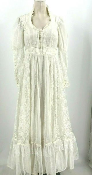 Vintage Gunne Sax - Small Medium - White Lace Long Sleeve Ruffle Wedding Dress