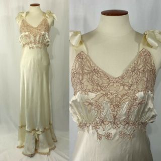 Vintage 1930s 1940s Ivory Silk Rayon Satin Bias Gown Ecru Lace Shoulder Ties M L