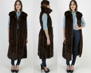 Vintage 80s Mahogany Mink Vest Real Fur Collar Long Princess Fit Tie Waist Coat