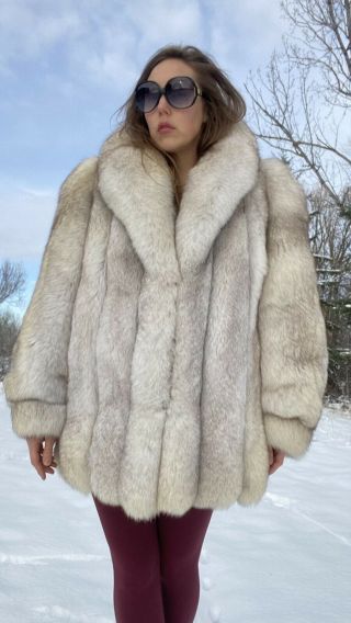 Fluffy Silver Fox Fur Coat Huge Pelts Vintage 1980s Gray White Arctic Large L