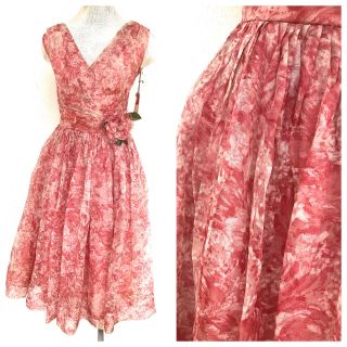 Vintage Vtg 1950s 50s Pink Floral Silk V Neck Party Dress