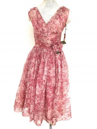 Vintage VTG 1950s 50s Pink Floral Silk V Neck Party Dress 2