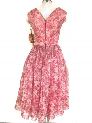 Vintage VTG 1950s 50s Pink Floral Silk V Neck Party Dress 3