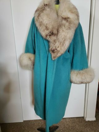 Lilli Ann Tisse A Paris Teal Wool Coat With Fox Fur Trim