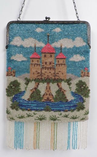 Antique Scenic Glass Beaded Purse / Bag W Castle And Clouds - Germany
