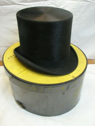 Antique Black Tophat Top Hat Stove Pipe Hatbox Tux Beaver Silk Lincoln