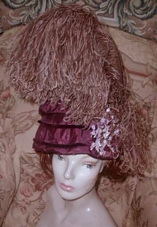 Tall Antique French Purple Silk Toque W Hat Willow Ostrich Plumes,  Flowers