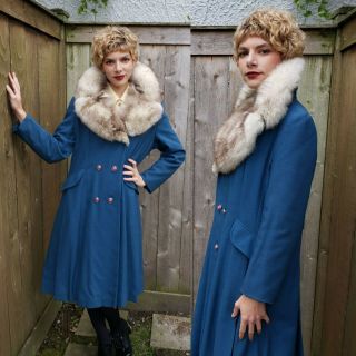 1960s Blue Winter Coat Large Silver Fox Fur Collar Double Breasted Princess Seam