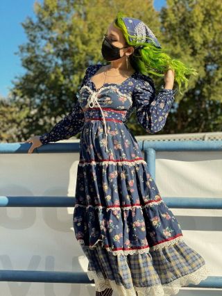 Vintage 70’s Homespun Floral Prairie corset Dress Gunne Sax Style 2