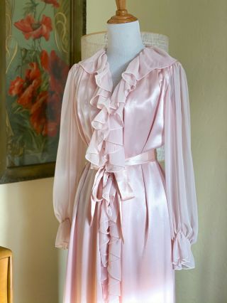 Vintage Jonquil Long Pink Satin Chiffon Gown Robe Designer Peignoir Lingerie Set