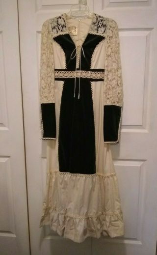 Vintage Gunne Sax Jessica Victorian Style Velvet Trimmed Dress Lace Maxi Boho S