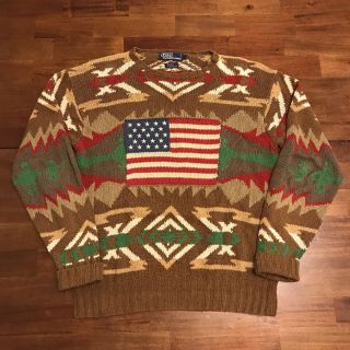 Vtg Polo Ralph Lauren Hand Knit Aztec Indian American Flag Sweater L Rare