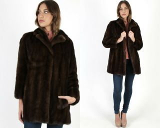 Vintage 70s Plush Mink Fur Coat Brown Stroller Fur Under Collar Overcoat Jacket
