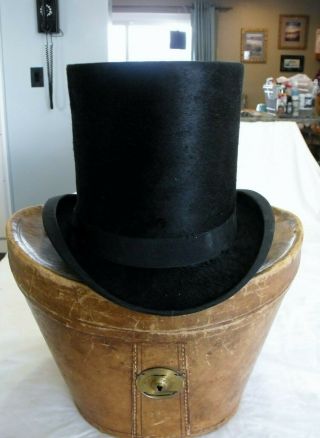 Antique Silk Top Hat W/ Leather Top Hat Box Hatbox Bucket E&c Matthews England