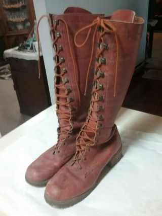 Vintage Leather Like Brown Lace Up Granny/hippie Boots