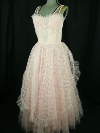 Vtg 50s Cute Pink Double Straps Tulle Ruffle Lace Party Dress - Bust 36.  5/xs - S
