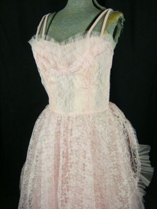 Vtg 50s Cute Pink Double Straps Tulle Ruffle Lace Party Dress - Bust 36.  5/XS - S 2