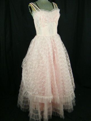 Vtg 50s Cute Pink Double Straps Tulle Ruffle Lace Party Dress - Bust 36.  5/XS - S 3
