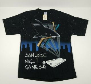 San Jose Sharks Starter Vtg 90s All Over Print Shirt Xl Black Cotton Night Games