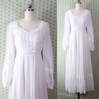 Vintage 70s Gunne Sax White Maxi Dress Sheer Gauze Lace Prairie Boho Wedding Vtg