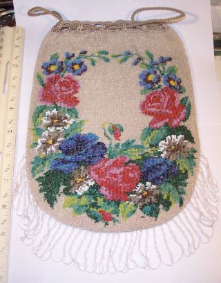 Antique Victorian Micro Glass Bead European Evening Bag Purse 10 " Roses Exc Cond