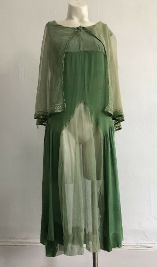 Vintage 1920s Fairy Green Silk And Embroidered Tulle Net Dress Capelet Sheer Vtg