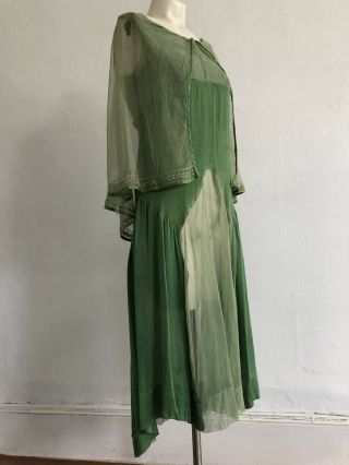 Vintage 1920s Fairy Green Silk and Embroidered Tulle Net Dress Capelet Sheer VTG 2